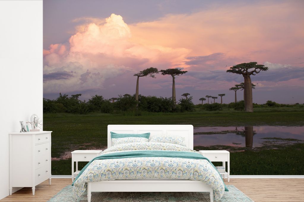 MuchoWow Fototapete für Wohnzimmer oder Schlafzimmer Wandtapete Vinyl Motivtapete Baobab-Bäume für einen lila und rosa Himmel - 450x300 cm - G...