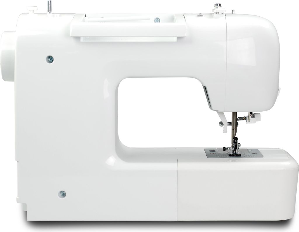 A side view of a white sewing machine against a white background.