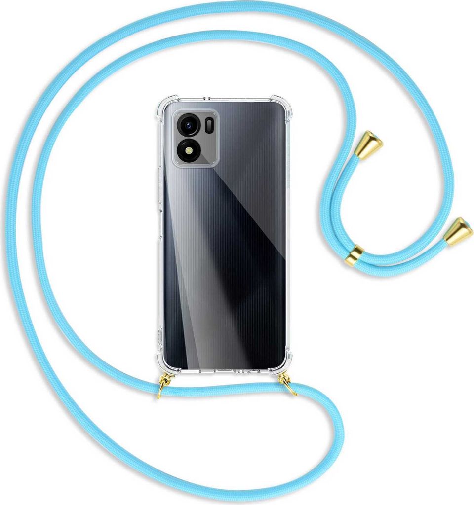 Handykette Backcover-Schutzhülle mit Band (Metall goldfarben) für vivo Y01, vivo Y15s (V2120, 6.51'') - himmelblau