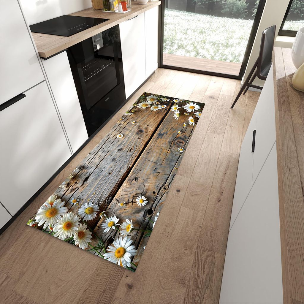 Küchenteppich 80x200cm rutschfest & abwischbar PVC Läufer - Holz und Gänseblümchen