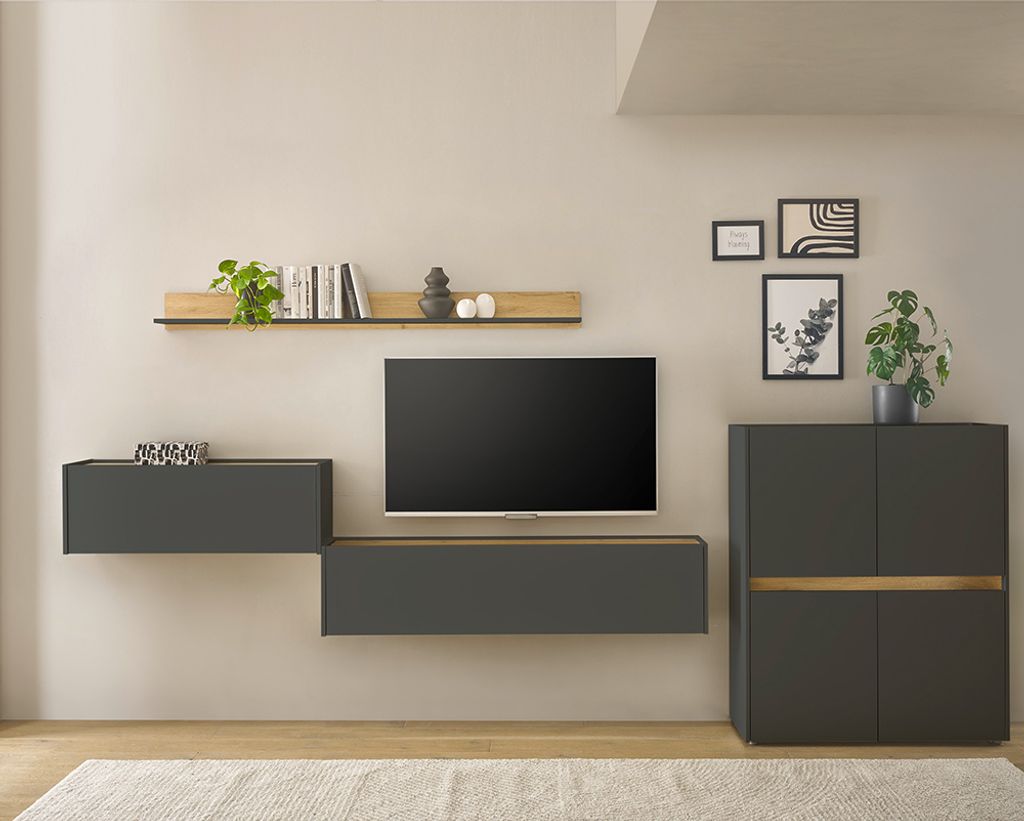 Wohnwand anthrazit mit Eiche CRISP-61 modern 4-teilig mit Homeoffice-Lösung