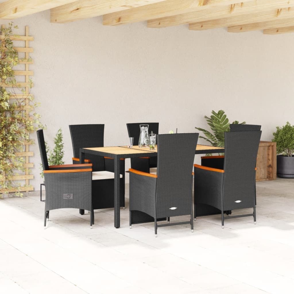 Design 7-tlg. Garten-Essgruppe mit Kissen Schwarz Poly Rattan, Gartenmöbel-Sets 2024 Neu