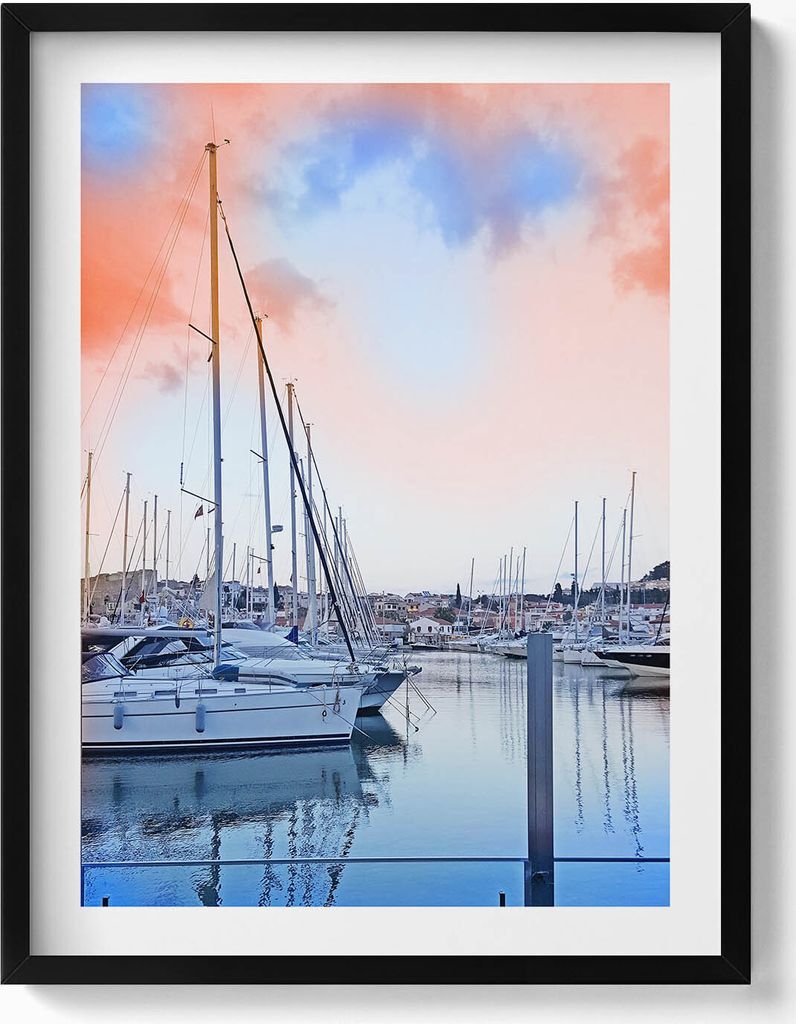 Landschaft mit Booten auf einem See– Wandbild mit Rahmen – Gerahmtes Bild – Wanddekoration – 60x80 cm – Schwarz Rahmen