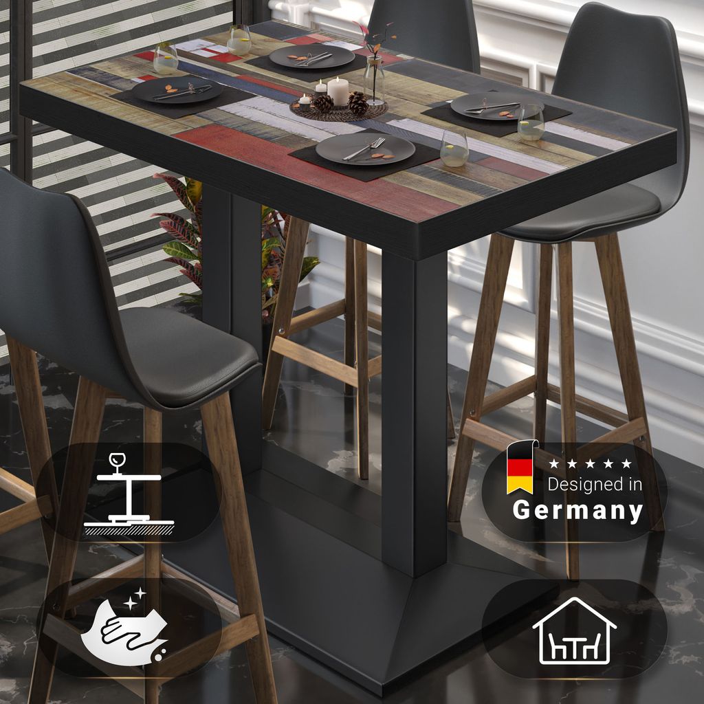 BPA | Bistro Stehtisch | 130 x 80 x 114 cm | Schwarzer Rand | Rechteckig | Vintage Bunt / Schwarz | Gastro Steh Tisch Restaurant