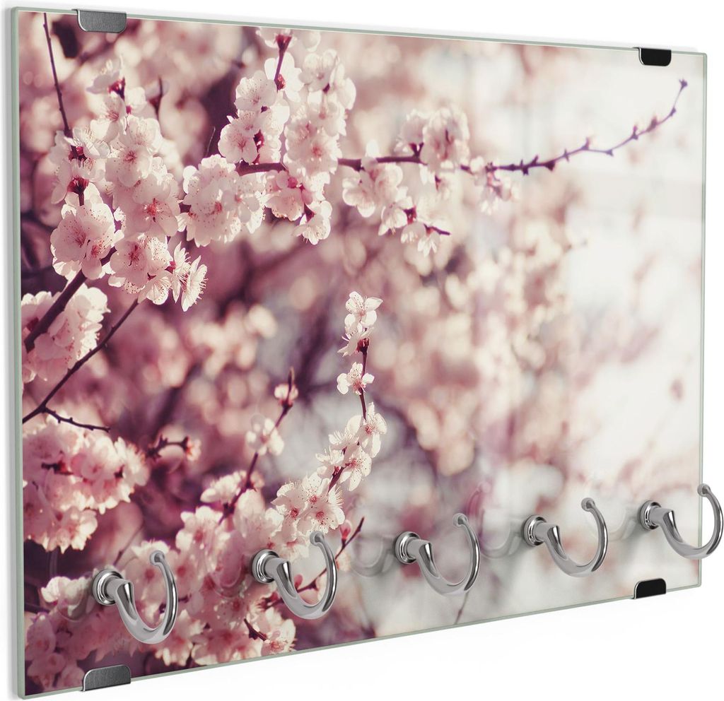 DEQORI Schlüsselbrett Glas 30x20 cm 'Kirschblütenzweige' Schlüssel Halter Board Haken