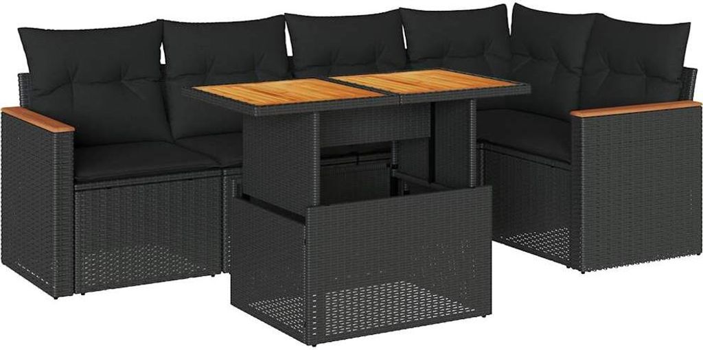 6-tlg. Garten-Sofagarnitur mit Kissen Schwarz Poly Rattan