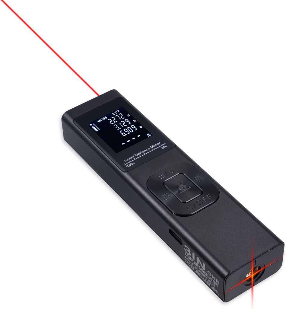 60M 3in1-Laser-Entfernungsmesser, Winkelmesser, Kreuzlinienlaser, elektrischer Winkelsensor mit LCD-Bildschirm, Fläche, Volumen, pythagoräisches ...