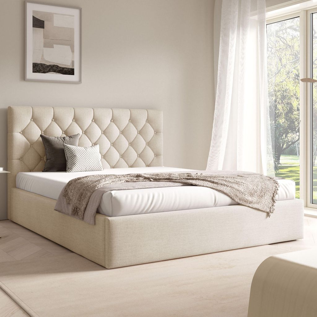 FURNISTAR Polster BEA IV mit kasten| 180x200|Doppel mit Stauraum und Lattenrost|Boxspring-Optik|ohne Matratze|Schlafzimmer - Creme