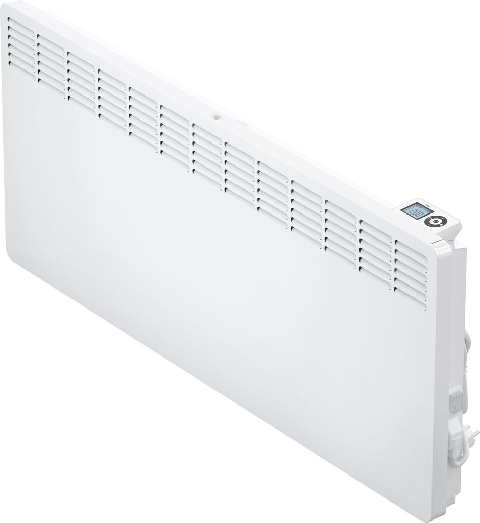 A white electric radiator shown from a diagonal angle against a white background.