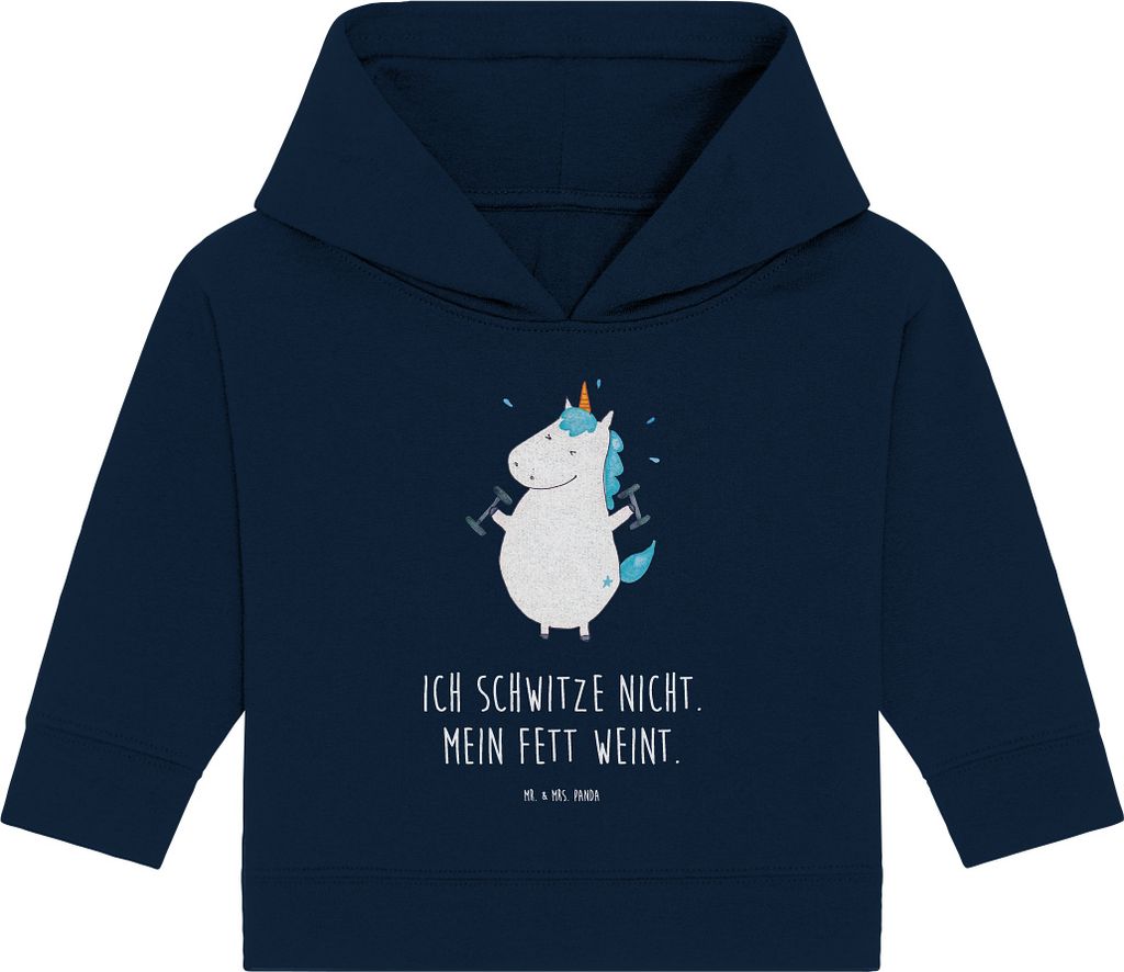 Mr. & Mrs. Panda Organic Baby Hoodie Einhorn Fitness 12. - 18. Monat - French Navy - Geschenk, Fitnessstudio, Unicorn, Gym, Kapuzensweatshirt, Kapu...