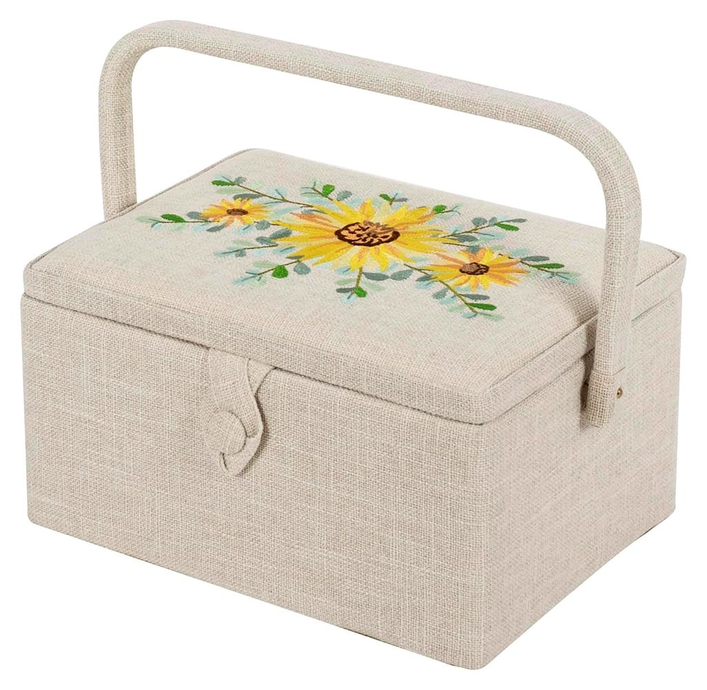 Mittelgroße Nähhandwerk-Bastel-Aufbewahrungsbox mit Zubehörablage, Nadelkissen und PVC-Griff, bestickter Deckel, 18,5 x 25,5 x 14,5 cm, Sonnenblume
