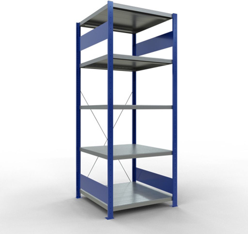 Schulte Fachbodenregal MULTIplus250 Stecksystem | Grundregal | HxBxT 200x75x80cm | 5 Ebenen | Fachlast 250kg | Enzianblau/Verzinkt