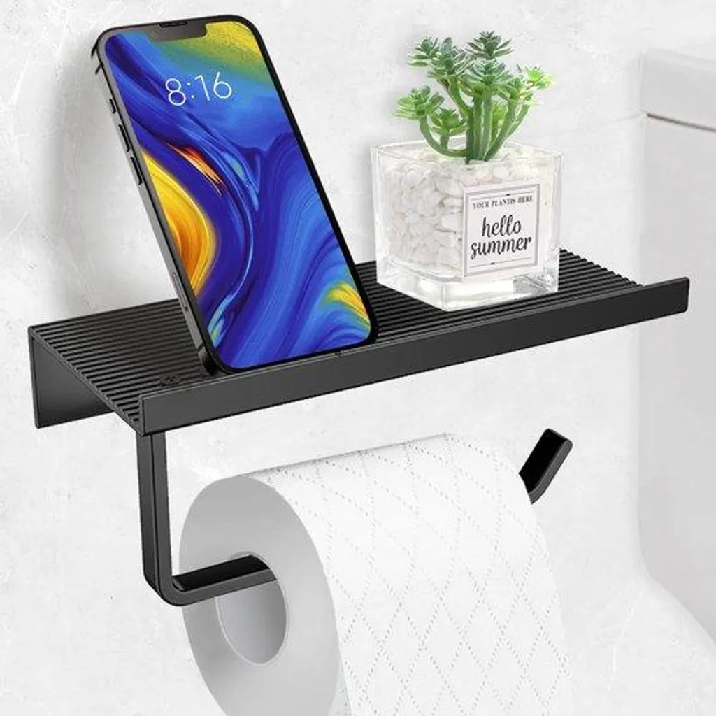 Porte-papier toilette adhésif pour salle de bains et cuisine noir 18cm