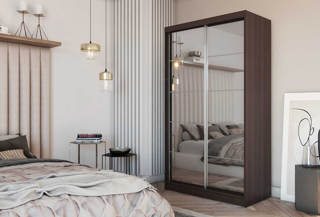 AGMAT Schwebetürenschrank Lores, Kleiderschrank mit 2 Türen, Moderne Garderobe in Farbe: Wenge, Schrank in Größe: 120 x 216 x 61 cm
