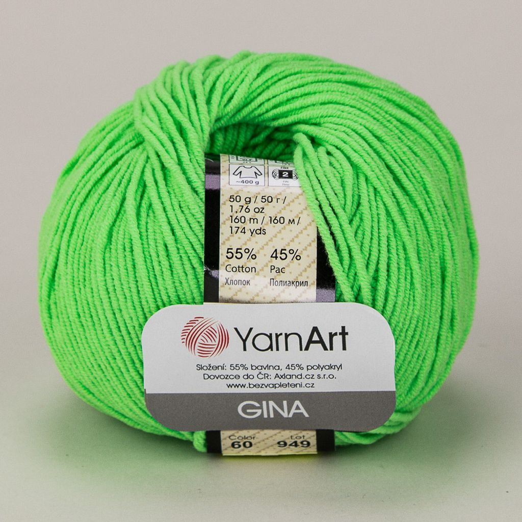 A ball of bright green yarn with a label attached.