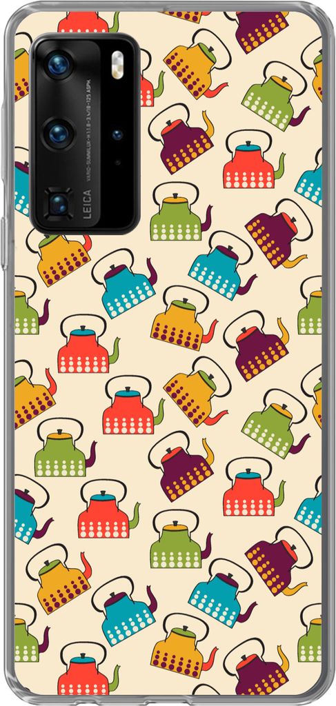 MuchoWow Handyhülle Schutzhülle Hülle für Telefoonhoesje Huawei P40 Pro Design - Retro - Teekanne - Farben Silikon Softcase Handy Hülle - Sc...