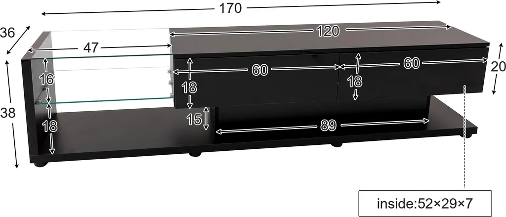 Meuble TV LED variable bicolore noir et bois avec vitre fixe