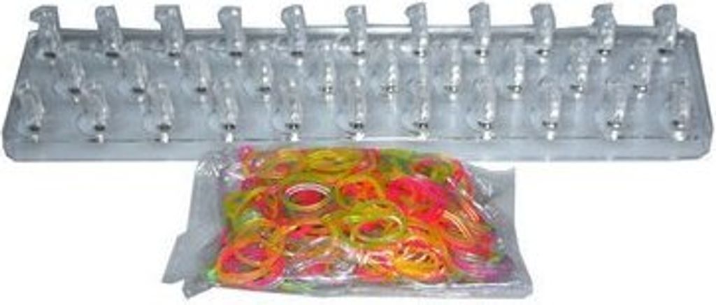 A loom weaving tool with a bag of colorful rubber bands.
