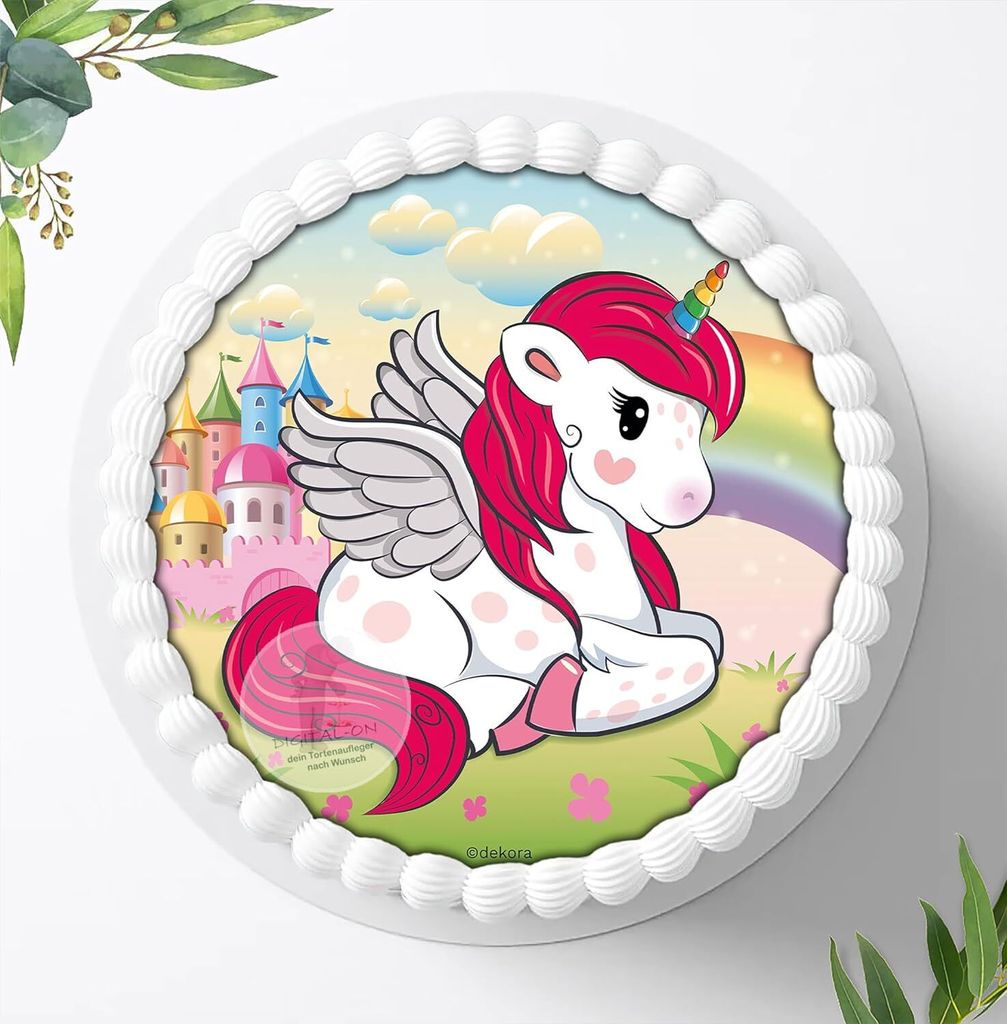 Für die Geburtstags Torte ein Tortenaufleger, Zuckerbild mit dem Motiv: Einhörner, Essbares Foto für Torten, Fondant, Ø 20cm, 00047