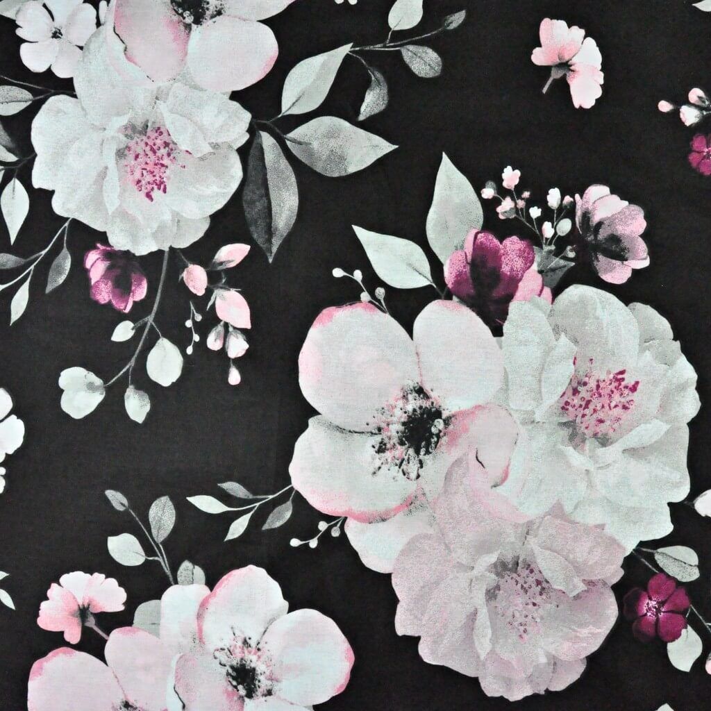 Baumwolle 100% große Apfelblüten rosa-weiß auf schwarzem Hintergrund - 220cm