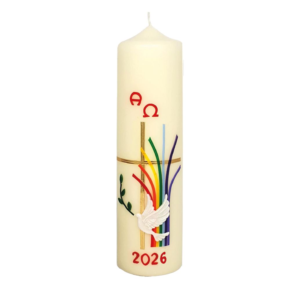 Osterkerze Kreuz, Regenbogen, Taube, A und O, Jahreszahl 270 x Ø 70 mm