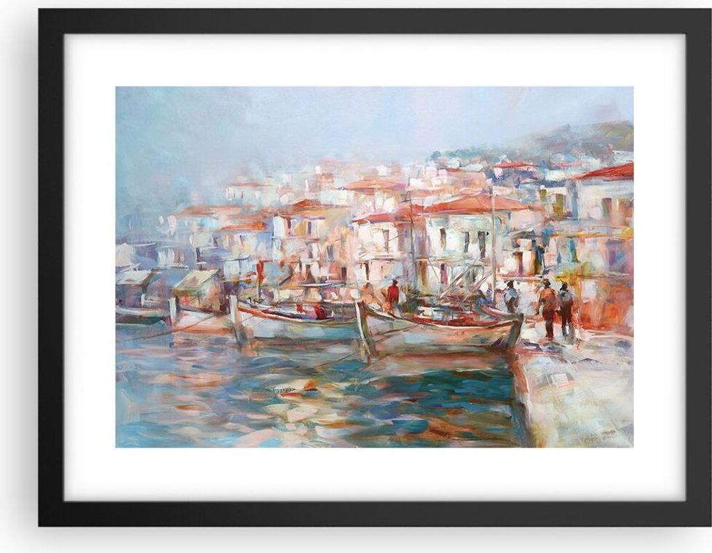 Gerahmtes Poster - Schwarzer Rahmen - Insel Boote Hafen - 40x30 cm - Wand Bild - Wanddeko - Wandbilder - Kunstposter - Wandposter - Bilderrahmen - ...