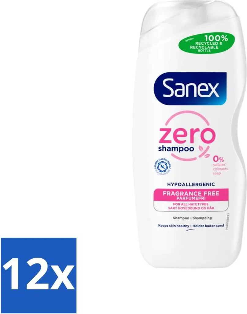 Sanex Shampooing Zero% Cheveux Normaux Lot de 12 Flacons de 250 ml