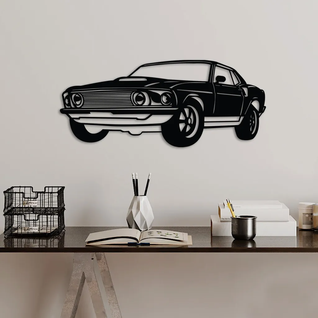 Silhouette Ford Mustang 1969 en Métal Noir 60cm Décoration Murale Chic