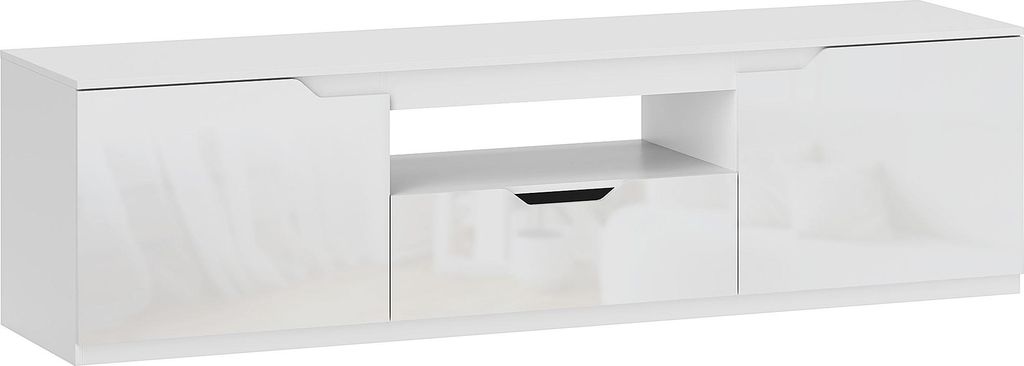 Niedriges TV-Möbel (weiß), 160 cm breit: 2 Türen + 1 Schublade, geeignet für Fernseher bis zu 65 Zoll, Kabelmanagement, Wohnzimmer