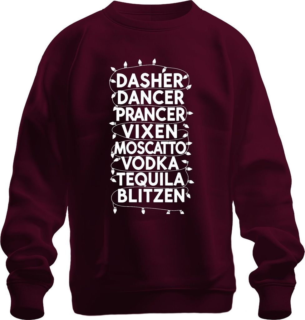 DASHER DANCER PRANCER VIXEN MOSCATTO Weihnachtsgeschenk lustig Uni Sweatshirt Pullover, Burgundy, L