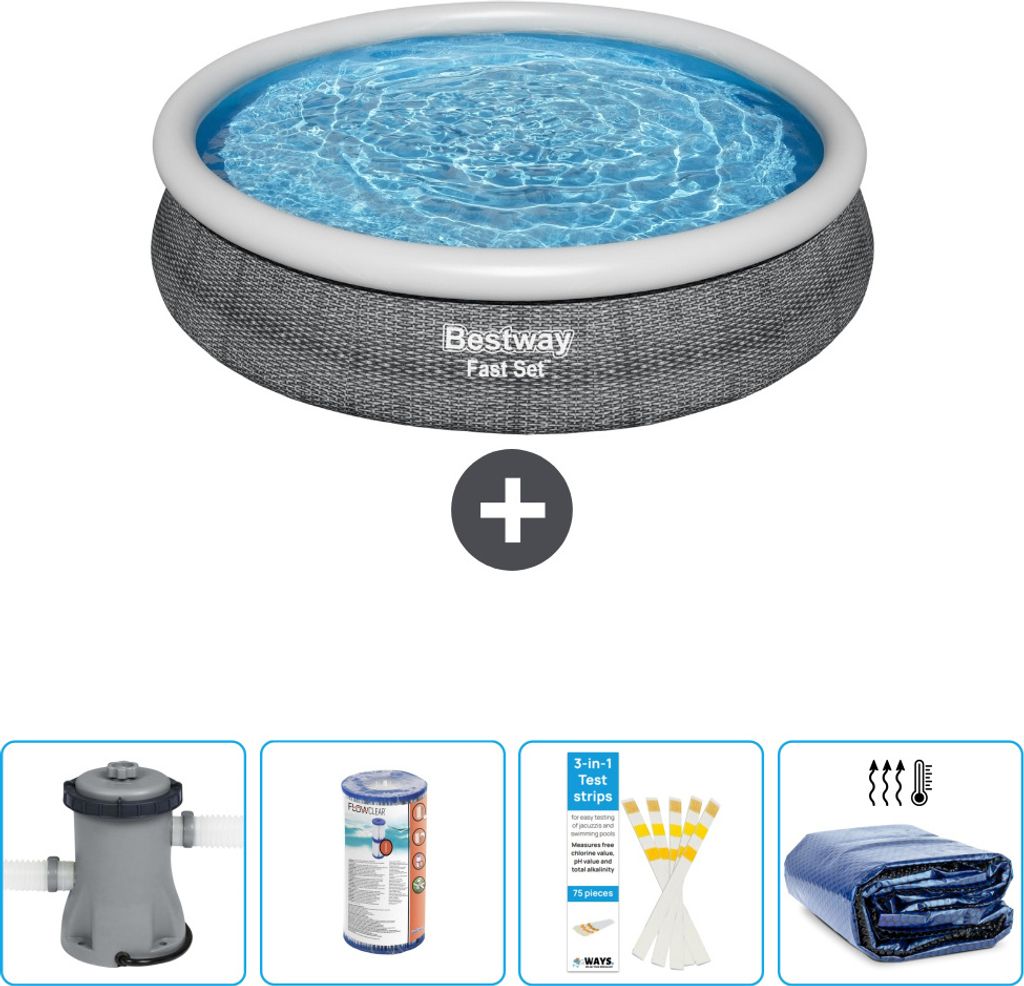 Bestway runder aufblasbarer Fast-Set-Pool – Rattan-Druck – 366 x 76 cm – inklusive Pumpe Filter - Teststreifen - Sonnensegel