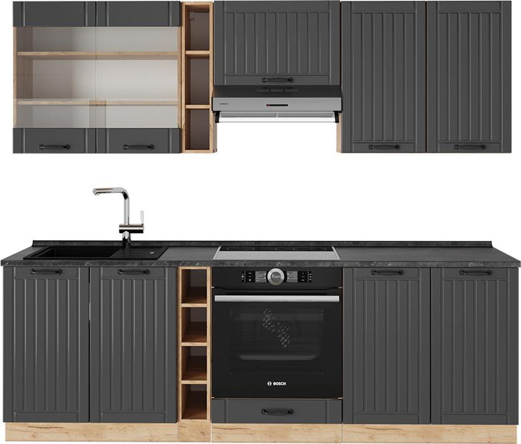 Vicco Küchenzeile Fame-Line, 235 cm ohne Arbeitsplatte, Dunkelgrau/Goldkraft Eiche