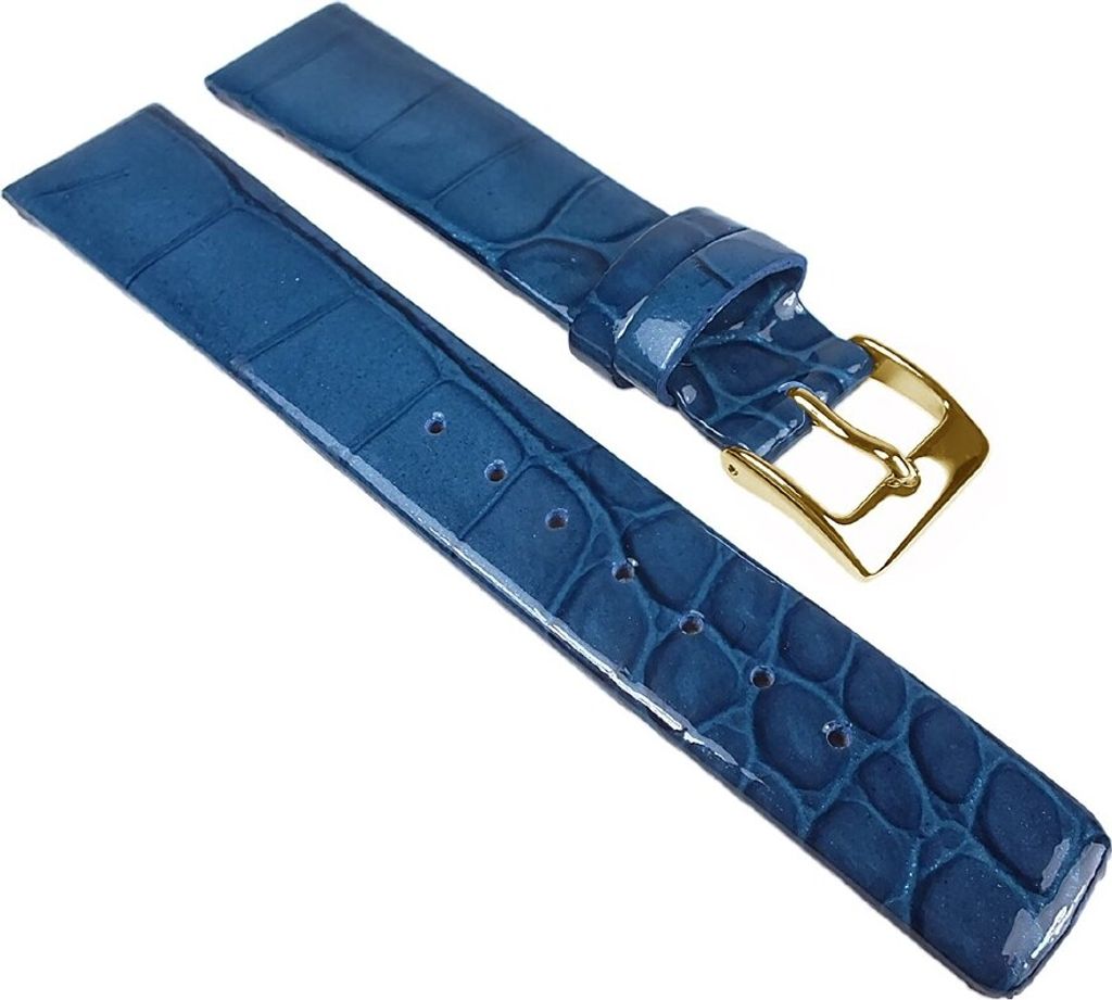 Ersatzband Uhrenarmband Leder Band Blau, glänzend mit Kroko Prägung 25262G, Stegbreite:16mm