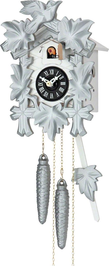 Cuco Clock Kuckucksuhr Schwarzwalduhr "Silbervogel" 15 x 17 x 24cm Wanduhr aus Holz, 1 - Tage Werk, manuelle Nachtabschaltung