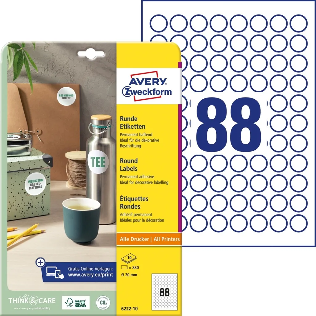 Avery 6222-10 Etichette 20mm Bianche | 10 Fogli A4 per Stampante