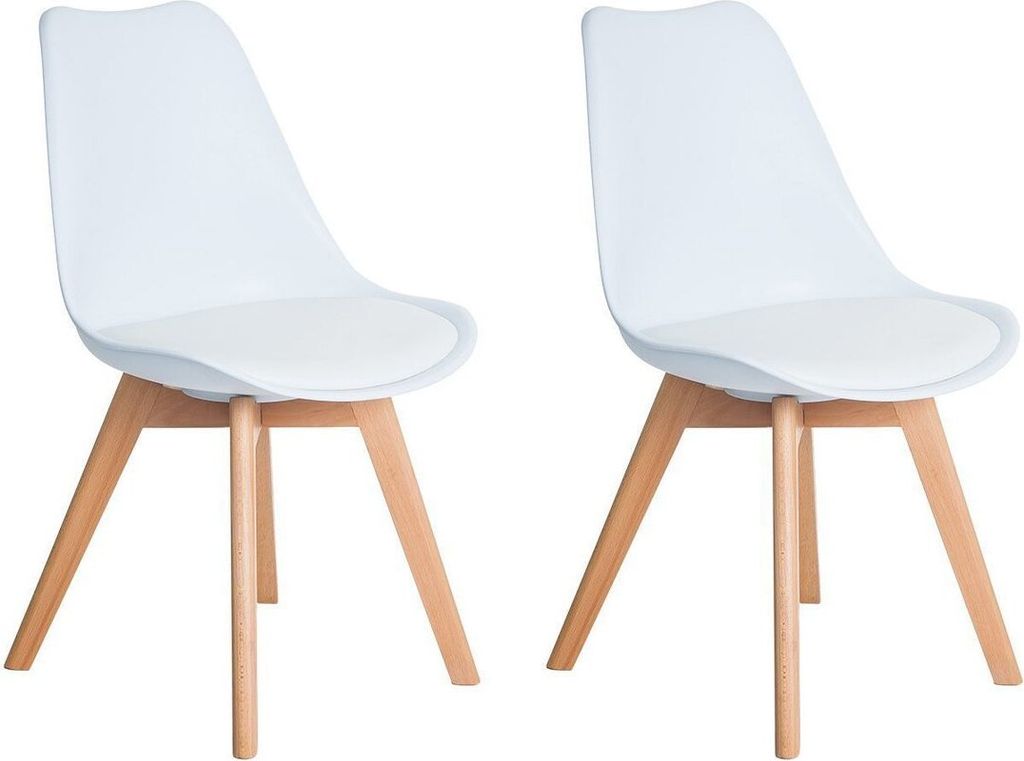 Two white chairs with wooden legs are shown against a white background.