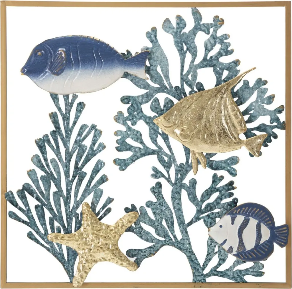 Panneau mural poisson Mauro Ferretti 50x50 cm décoration métal bleu et or