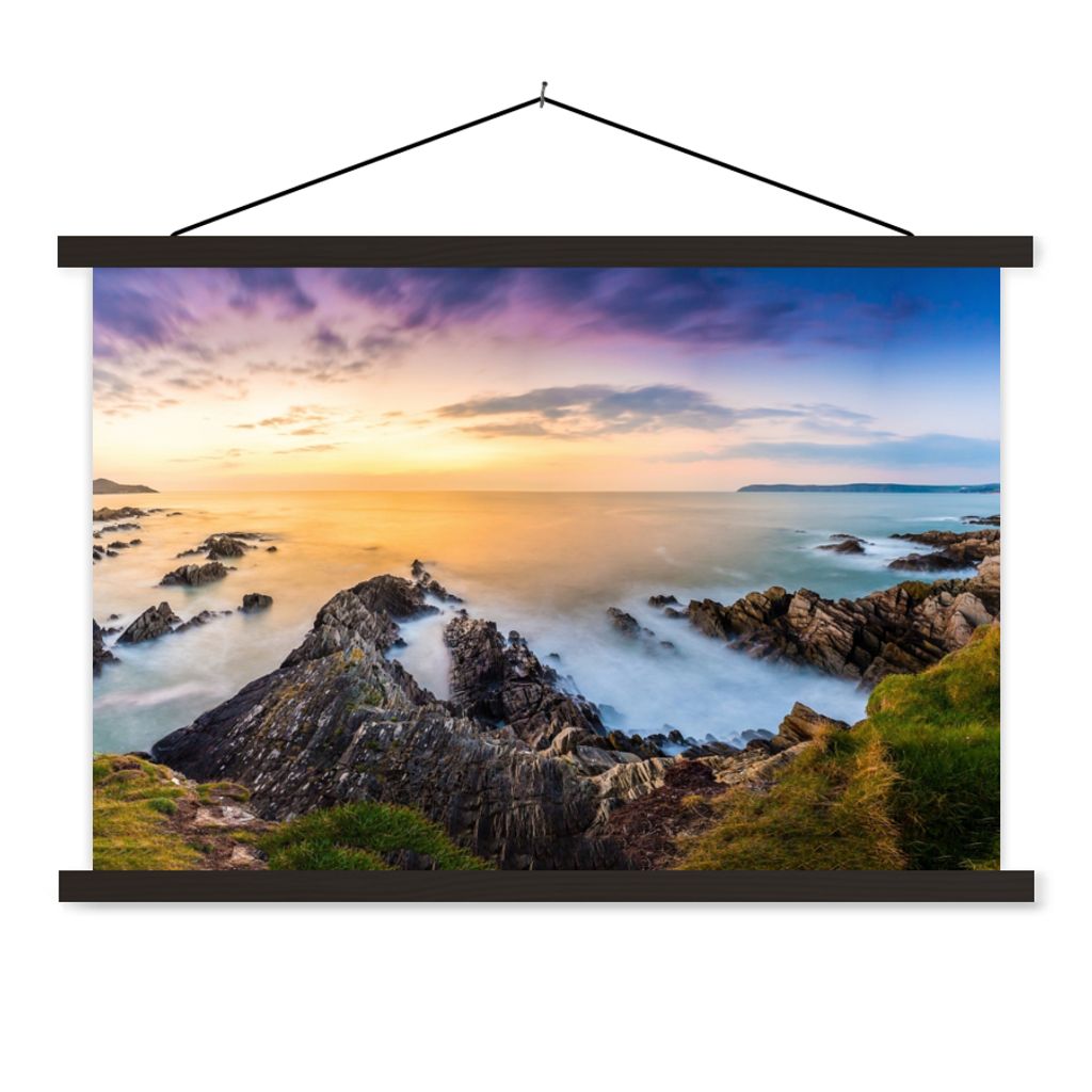 MuchoWow Textilposter Sonnenuntergang - Horizont - Wasser - Landschaft - Blau 60x40 cm mit schwarzem Rahmen - Hölzernes