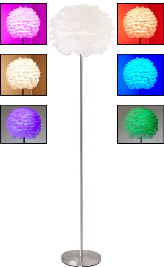 A floor lamp with a white feather shade is shown in the center, surrounded by smaller images of the lamp illuminated in different colors.