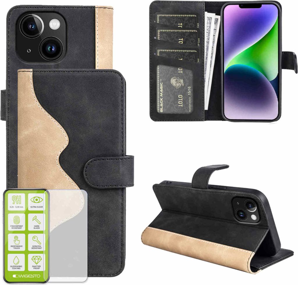 Für Apple iPhone 15 Design Handy Tasche Schwarz Etuis Kunst-Leder Hülle Case + H9 Hart Glas
