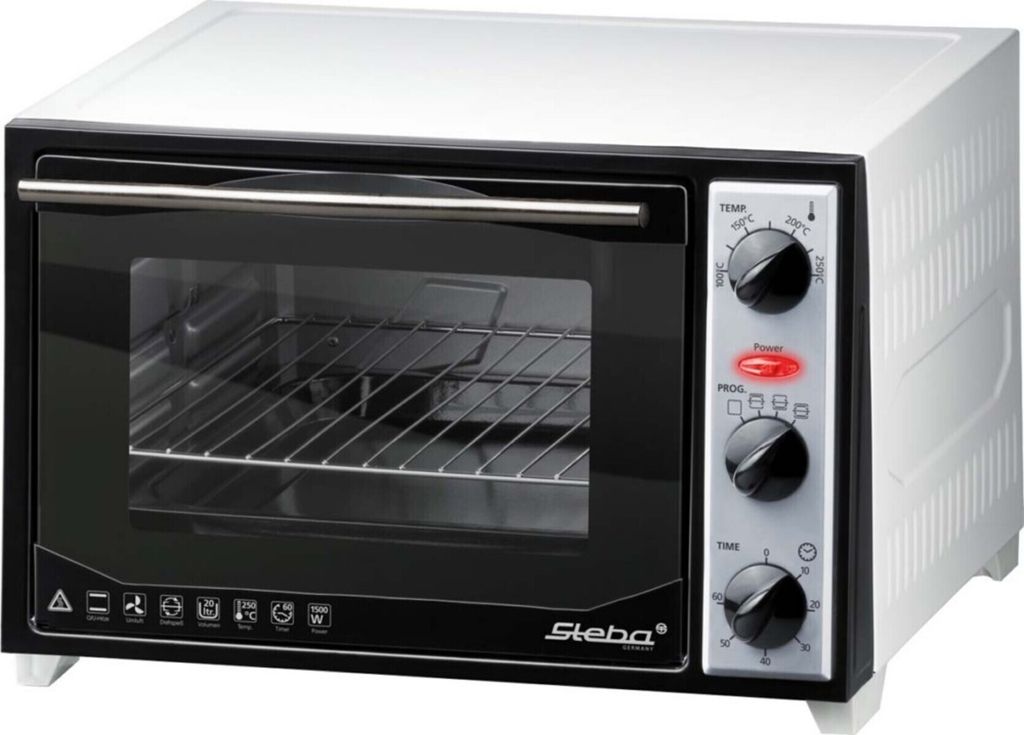 A white and black Steba mini oven is shown from a front-diagonal angle.