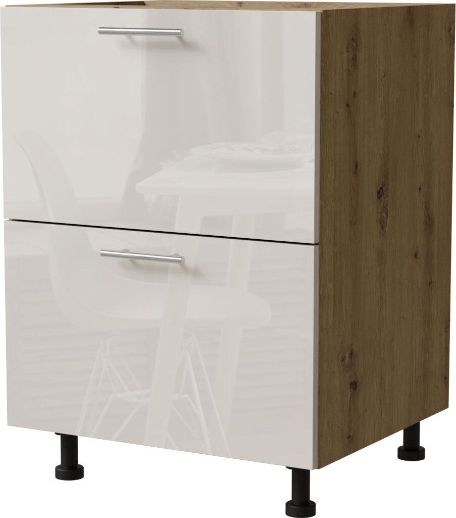 Schubladenunterschrank BRERRA 60x82cm lackiert Ausführung wählbar BR-D2 - 60,RAL 9001 creme Hochglanz,Eiche Artisan,REJS Comfort Box (Vollauszug)