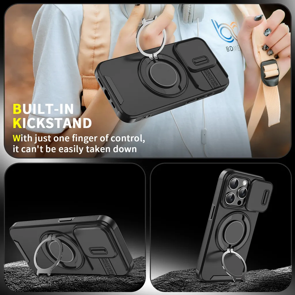 Custodia iPhone 15 Nera con Slide Camera e Anello - Stile Urban - 8
