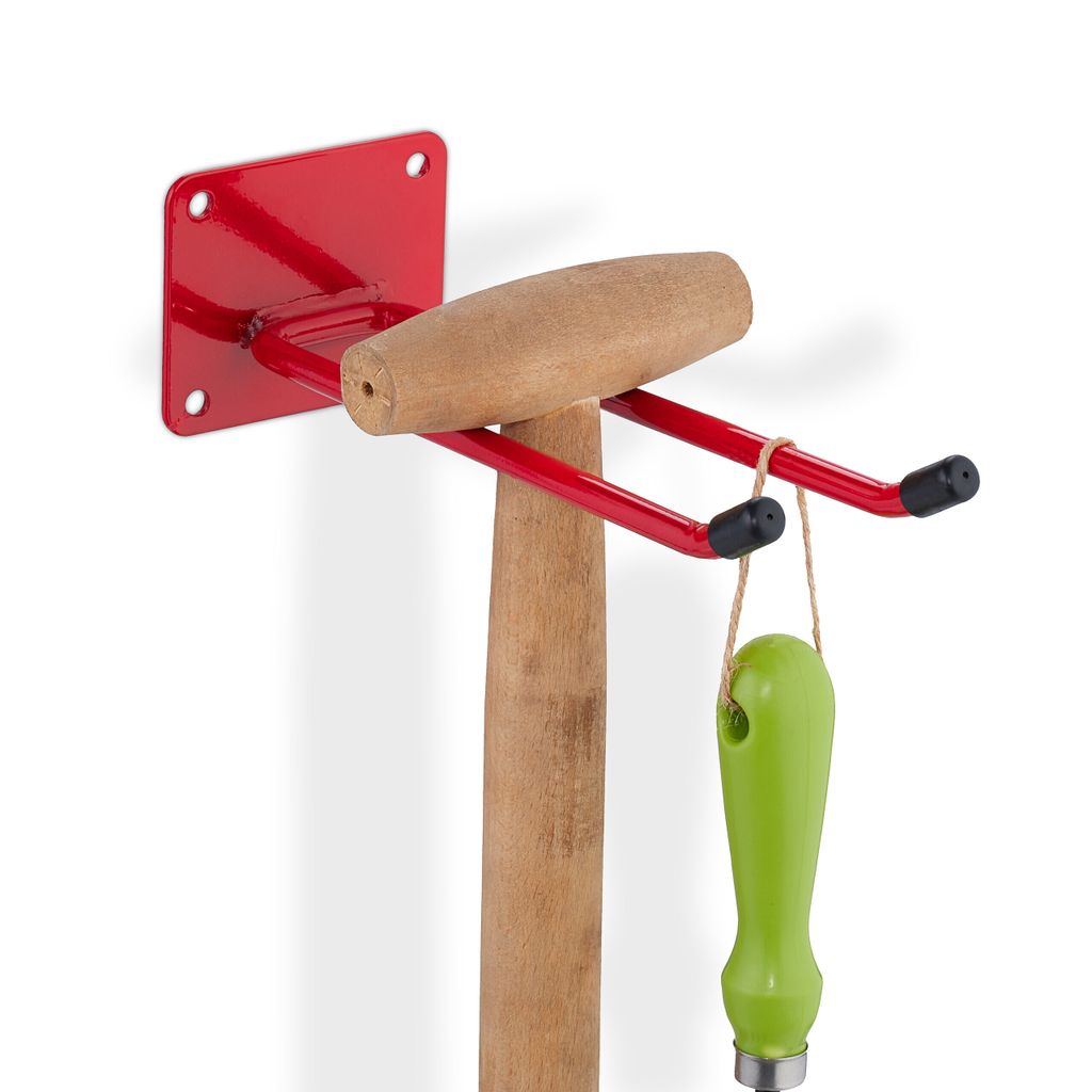 10 x Gerätehalter Wand, Länge 24 cm, Doppelhaken, Wandhaken Garage, Werkstatt & Keller, Besenhalter Stahl, Haken, rot