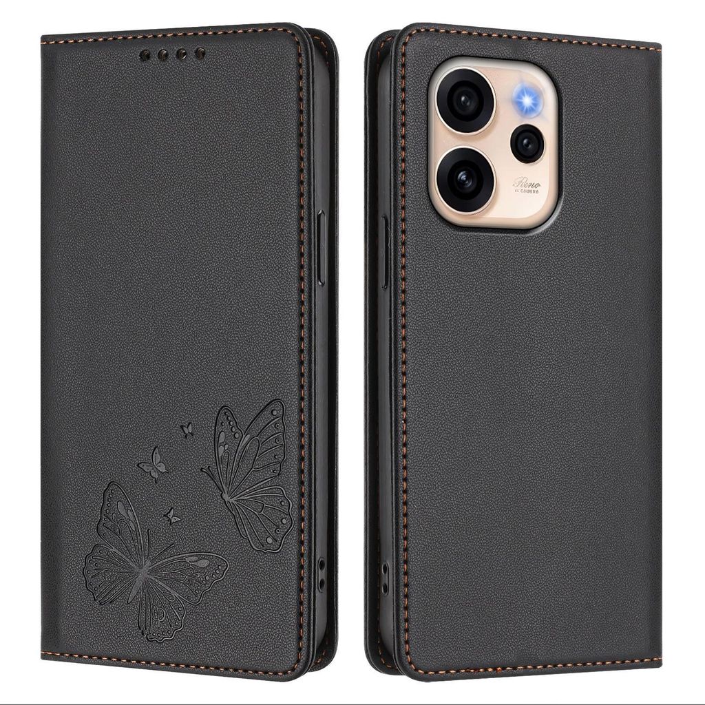 Lederhülle für Oppo Reno15 Pro, Schmetterling Prägung Leder Brieftasche Schutzhülle mit Ständer Schwarz