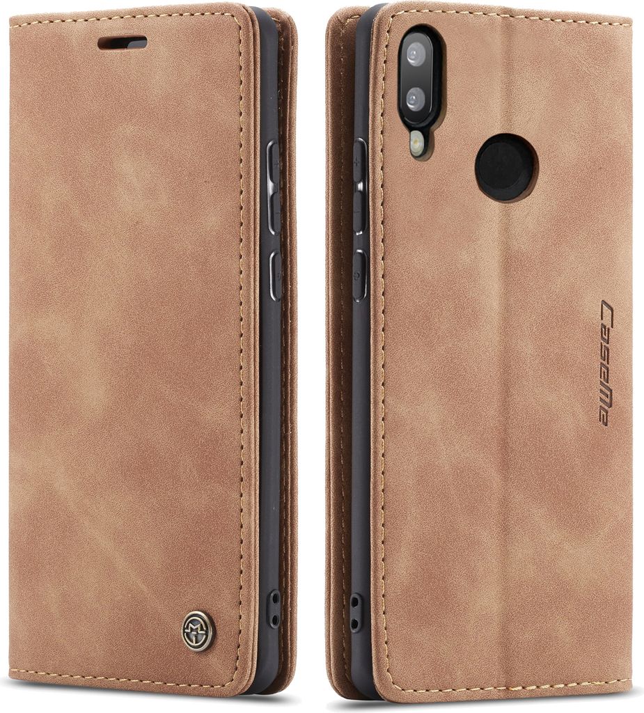 A brown leather-look flip case for a smartphone is shown from two angles, open and closed.