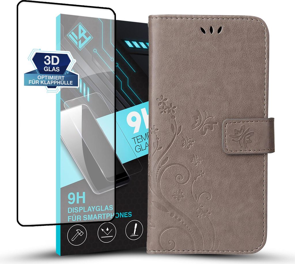 Handyhülle für Xiaomi 12 / 12X mit 9H Displayglas Floral Blumen Schmetterling Flip Cover Hülle Case Klapphülle Handytasche Farbe: Grau