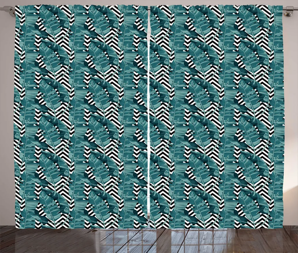 Rideau Tropical Rustique Feuillage Rayé 280x225 cm Universel Sarcelle
