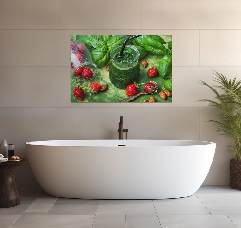 Wallario wasserfestes Poster selbstklebend 91,50 x 61 cm, Grüner Smoothie mit Erdbeeren, Badezimmerposter Spritzschutz mit Hochglanzoberfläche in...