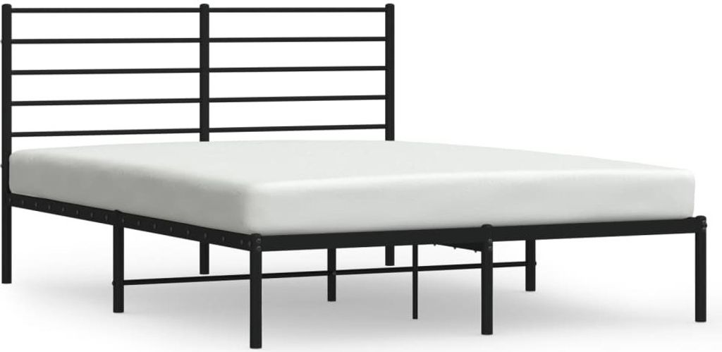 A black metal bed frame with a white mattress against a white background.
